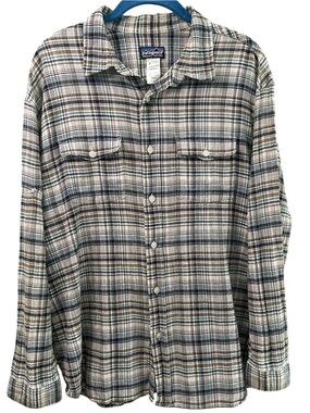 Patagonia Men's Plaid Button-Down Shirt Brown/Gray/Cream 100% Organic Cotton L